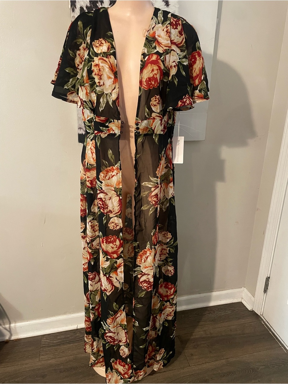 Black Floral Maxi Kimono Dress Cardigan Roses flutter sleeves Gypsy By Truth XL
